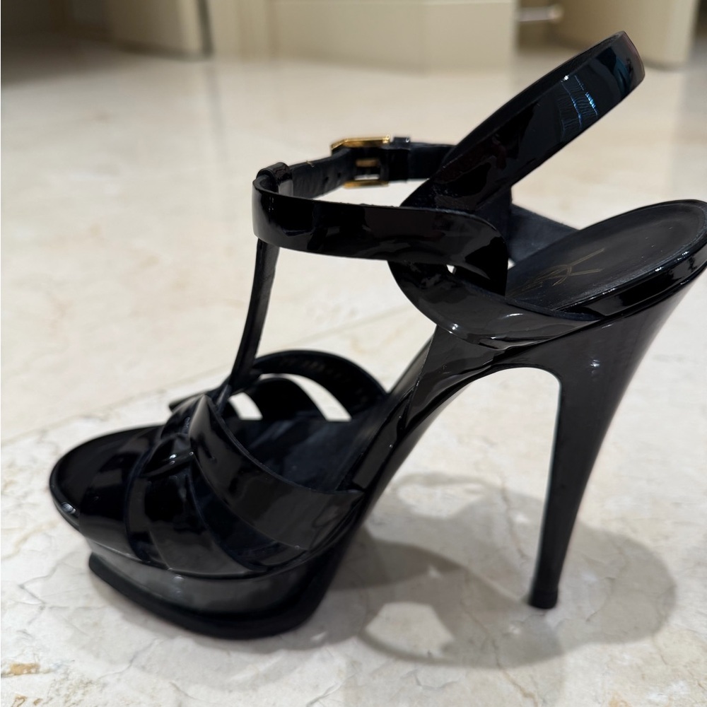 YSL Tribute Sleek Black Patent Leather Stilettos